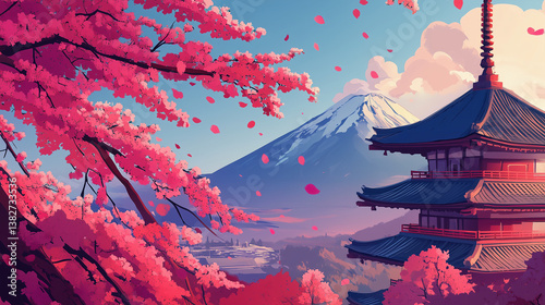 Japanese Temple with Cherry Blossoms and Mt. Fuji