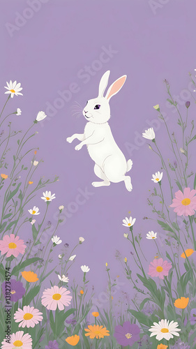 Whimsical White Cartoon Rabbit Hopping Through a Colorful Floral Background in Springtime: Artistic Illustrations Featuring Cute Characters and Vibrant Flowers