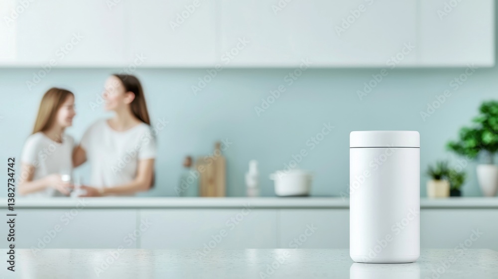 White Container on Kitchen Counter with Women in Background Smiling White Container on Kitchen Counter with Women in Background Smiling