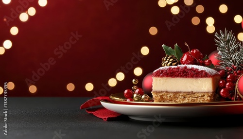 Elegant Christmas dinner setup with a plate of festive dessert surrounded by decorations and bokeh lights. romantic dinner setup red decoration. Christmas eve feast glow.
