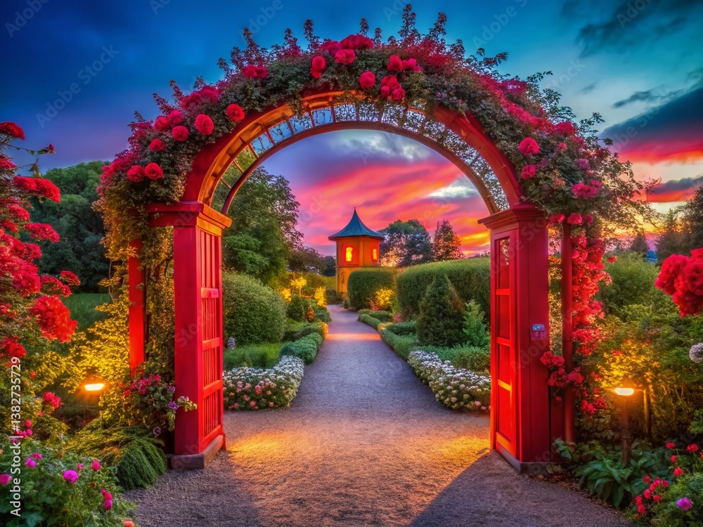 Fototapeta premium Low Light Garden Photography: Red & Pink Flowers, Archway, Building