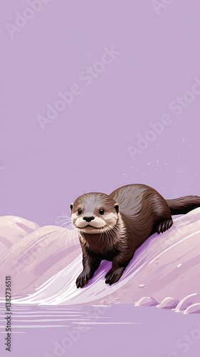 Playful Sea Otter Cartoon Illustration on Purple Background – Cute, Whimsical, Artistic Animal in Aquatic Wildlife Scene