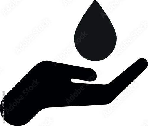 Water drop on hand icon . Save water icon . Hand with water drop icon vector