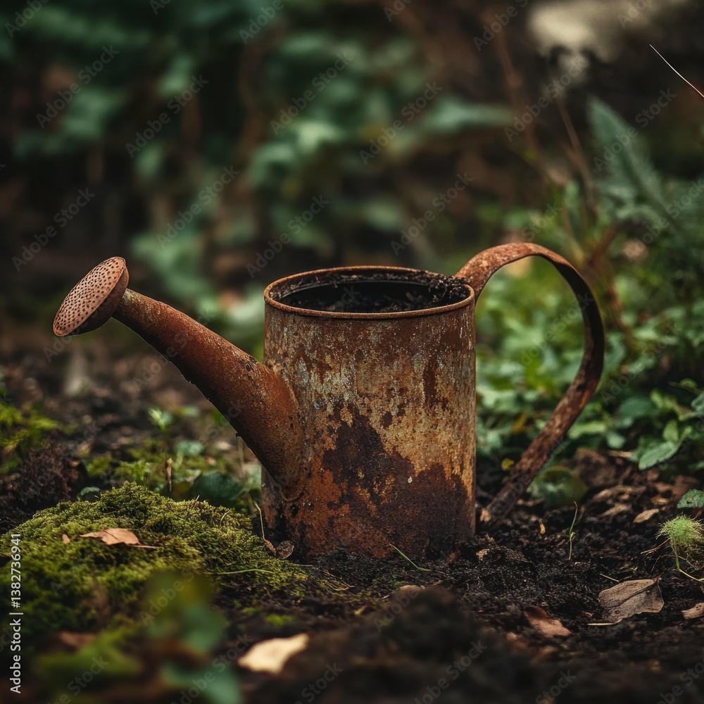 Rusty metal watering can on moss-covered soil in a garden setting Rusty metal watering can on moss-covered soil in a garden setting