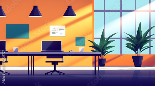 Modern Office Interior with Bright Orange Walls, Stylish Furniture, and Lush Green Plants in a Creative Workspace