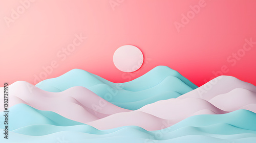 Serene Abstract Landscape with Soft Color Gradients and a Rising Sun Over Gentle Waves in Pastel Shades