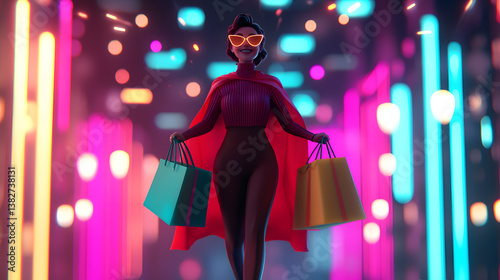 Stylish Shopper with Colorful Bags Illuminated by Neon Lights in a Modern Urban Setting