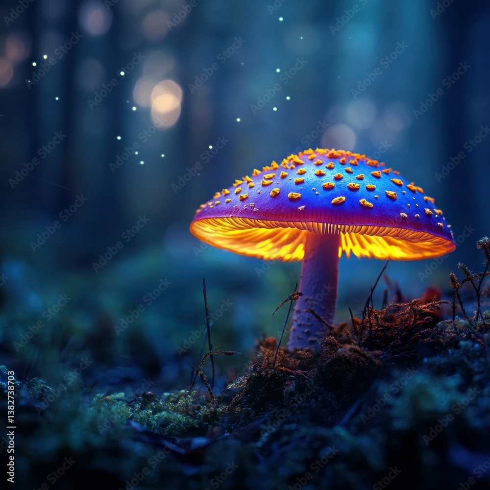 Fototapeta premium Glowing mushroom in enchanted forest at night with sparkling fireflies
