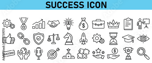 Success line icon set. Contains icons Award, Trophy, Medal, Crown, Winners Podium, Congratulating, Certificate. Vector Icons collection