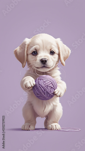 Adorable Fluffy Puppy Playing with Yarn Ball: Capture the Pure Joy and Friendship in Interior Studio Photography