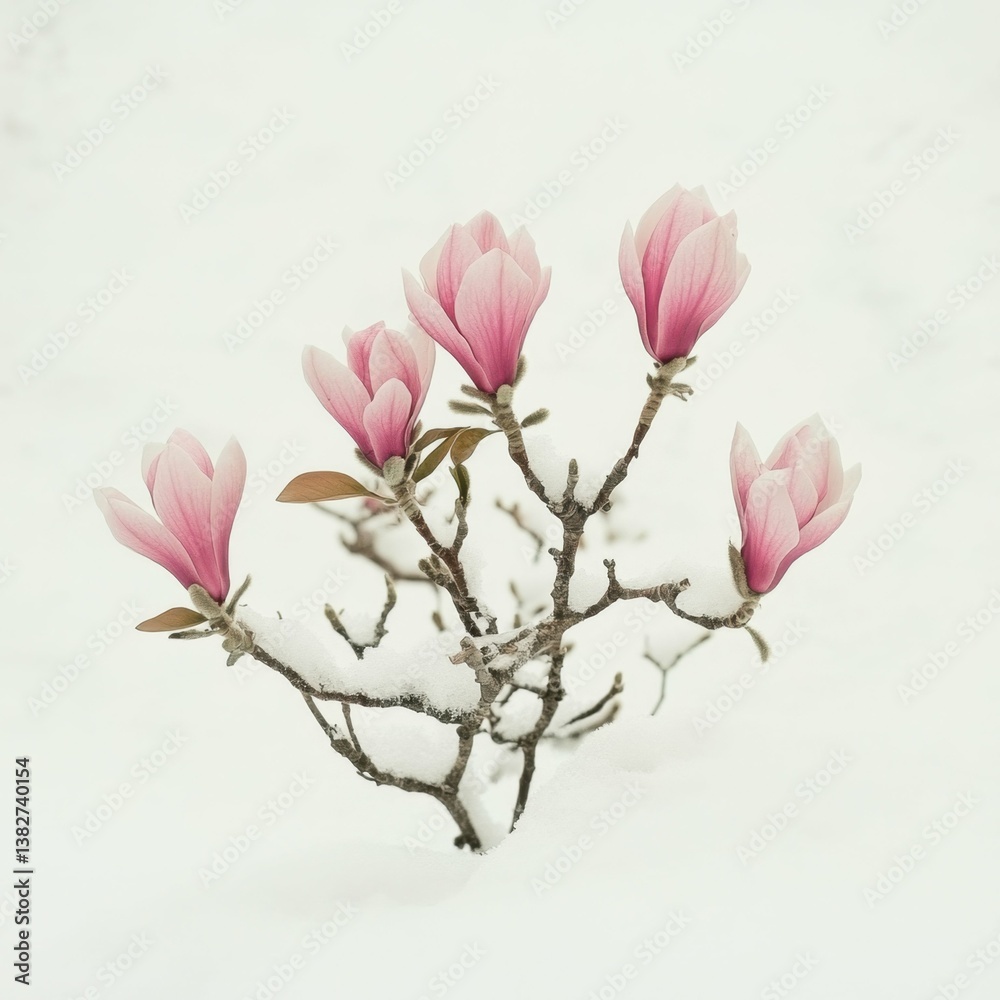 Fototapeta premium Pink magnolia blooms in snowy landscape: nature's contrast of delicate beauty