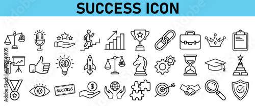 Success line icon set. Contains icons Award, Trophy, Medal, Crown, Winners Podium, Congratulating, Certificate. Vector Icons collection