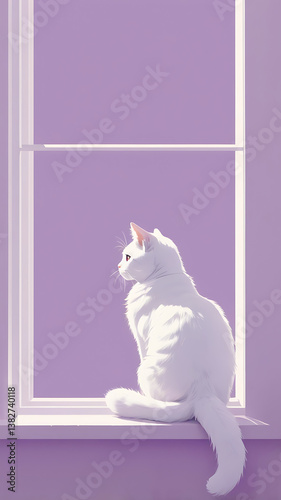 White Cat Sitting by Window Enjoying Soft Light: Dreamy Pet Moment for Cat Lovers