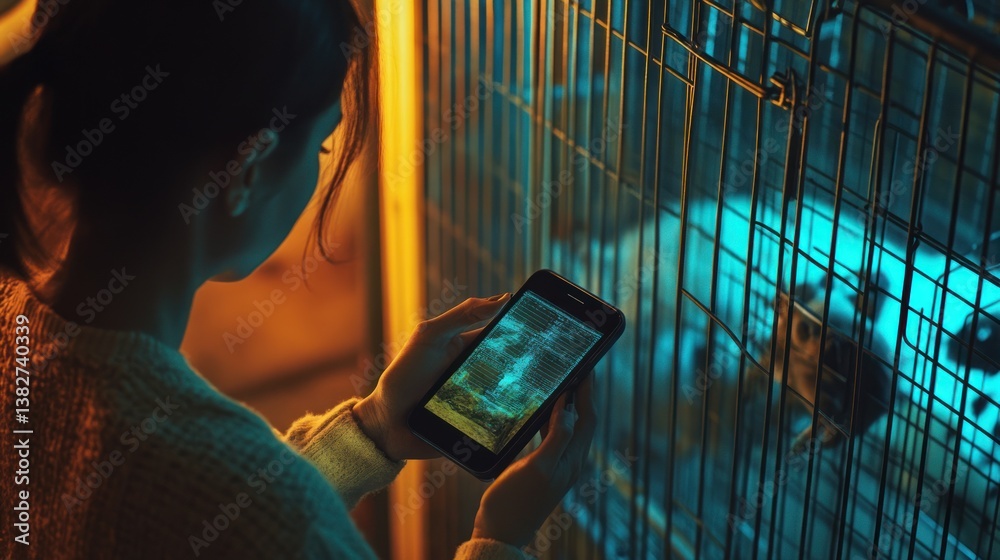Person Using Phone Near Enclosure with a Pet Inside at Night