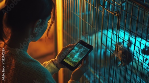 Obraz na płótnie Person Using Phone Near Enclosure with a Pet Inside at Night w salonie