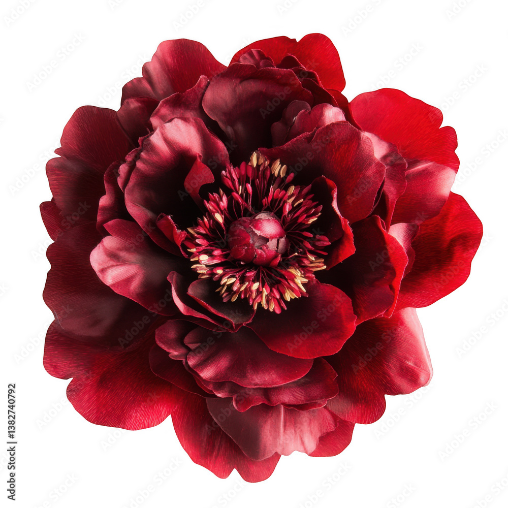 A close up shot of a dark red peony flower with a detailed center on a transparent background space around it A close up shot of a dark red peony flower with a detailed center on a transparent background space around it