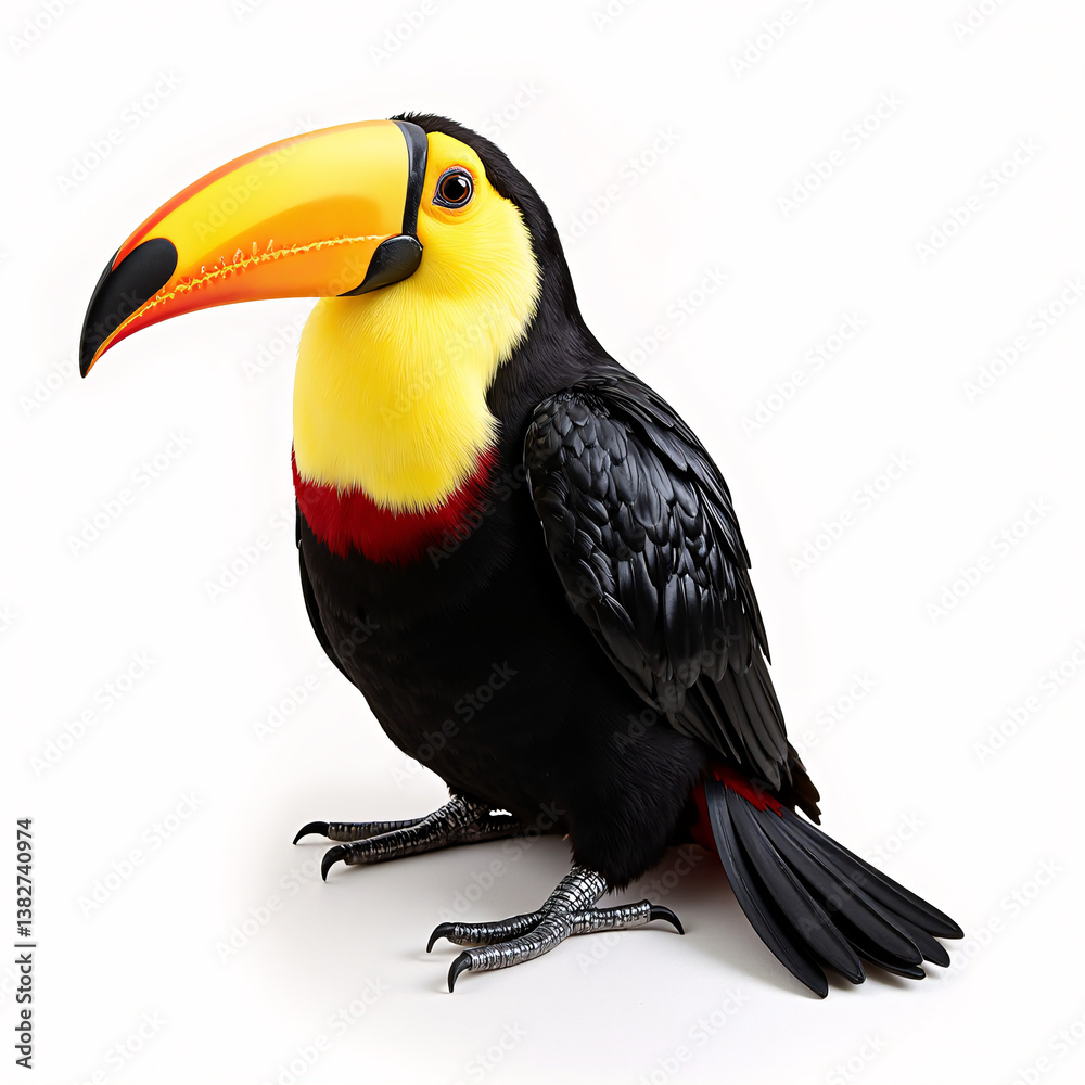 Fototapeta premium 3D render of a black, yellow, red and orange toucan bird with a yellow beak perched on a white surface. The bird has a black body with a bright yellow and red beak.