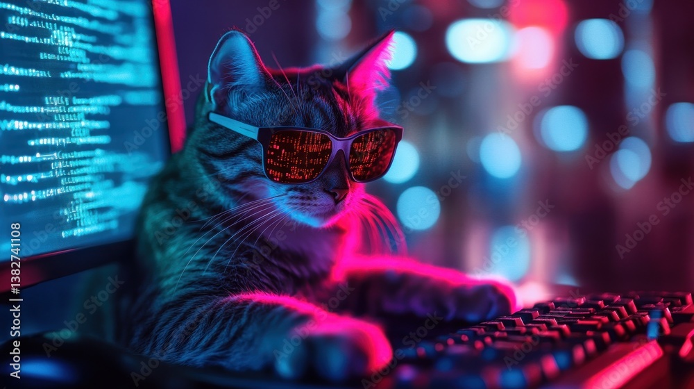 Cool Cat Typing at Computer Keyboard with Neon Lights Reflection