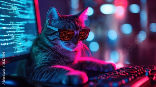 Obraz na płótnie Cool Cat Typing at Computer Keyboard with Neon Lights Reflection w salonie