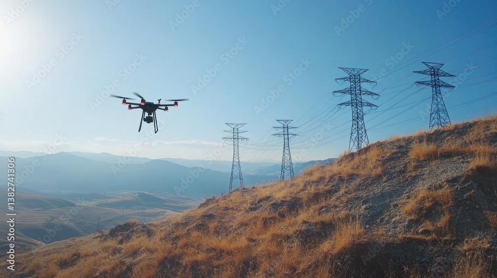 Drone Flying Near Power Lines Over Dry Hillside on a Sunny Day