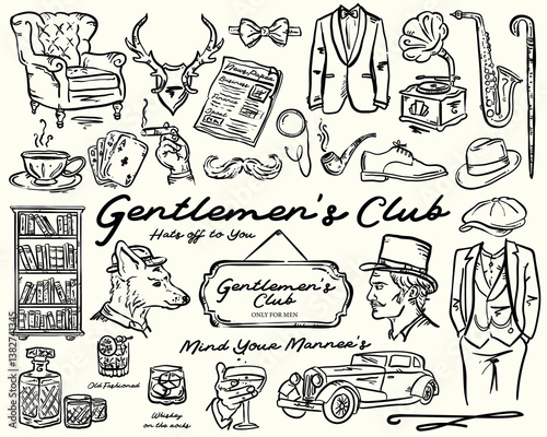 Gentlemen's Whimsical Hand Drawn Set of vector illustrations