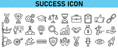 Success line icon set. Contains icons Award, Trophy, Medal, Crown, Winners Podium, Congratulating, Certificate. Vector Icons collection