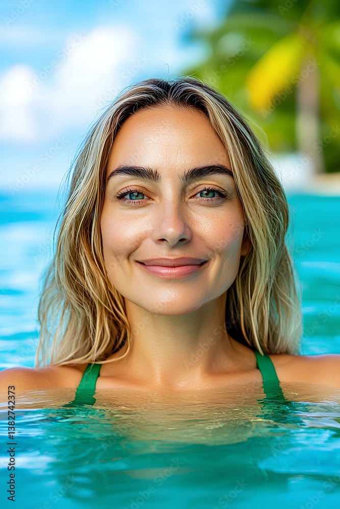 Refreshing swim in a tropical paradise with a happy female blonde traveler. Vacation, travel concept. Refreshing swim in a tropical paradise with a happy female blonde traveler. Vacation, travel concept.