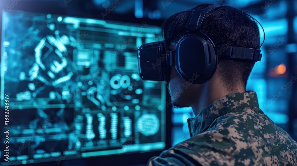 Man Wearing Virtual Reality Headset Interacts with Complex Computer Interface