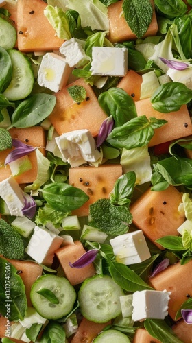 Fresh melon salad with herbs and cheese perfect for summer gatherings and picnics