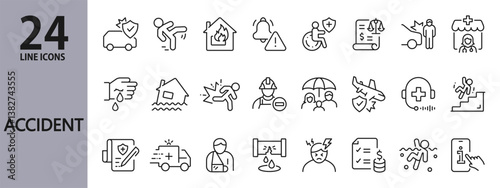 Accident line icons set with Crash, Insurance, Pain, Fire, Catastrophe, Injury and more. Editable Stroke