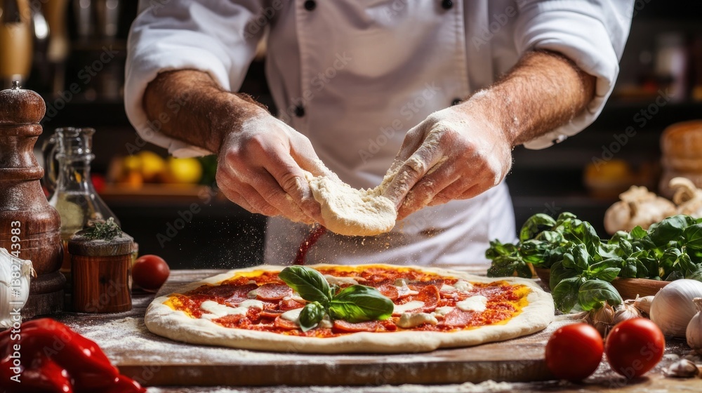 Chef Preparing Pizza Dough, Scattering Flour Onto a Classic Pepperoni Pizza