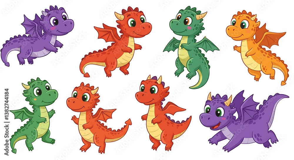 Obraz premium Set of colorful baby dragon, clip art on white background.
