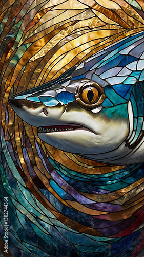 Vibrant Shark Stained Glass Artwork: A Unique Multicolored Marine Life Masterpiece for Interior Decor