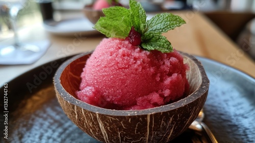 Serving of Pink Sorbet in Coconut Bowl Garnished with Mint