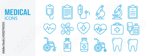 A set of modern, minimal, blue line-style medical icons featuring healthcare elements like a clipboard, microscope, stethoscope, IV drip, bandages, first aid kit, heartbeat, blood test, wheelchair