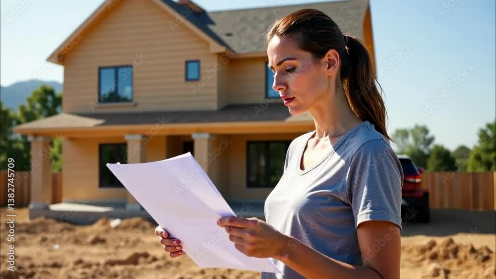 Woman reviewing construction plans outside her new home under a clear blue sky Woman reviewing construction plans outside her new home under a clear blue sky