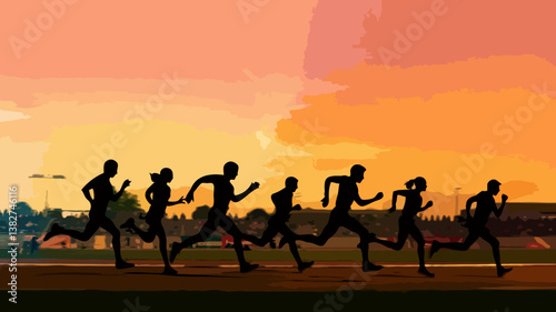Silhouetted Group of Athletes Running at Sunset: Inspiring Fitness Through Outdoor Marathons and Teamwork