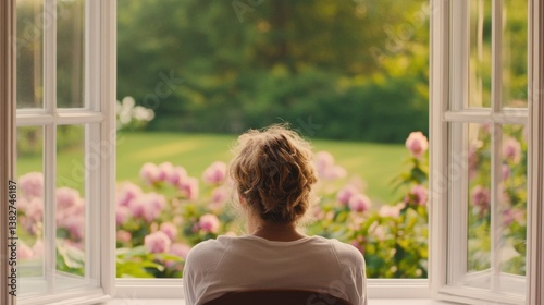 Free Download Caucasian female adult relaxing by open window overlooking blossoming garden - GFXLoad