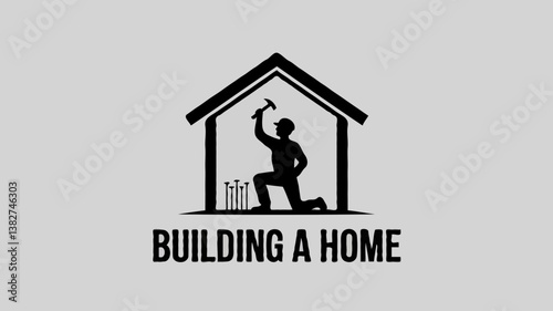 Building Home Construction: Expert Carpenter Silhouette in Residential Renovation with Tools and Hammer for DIY Architecture and Planning