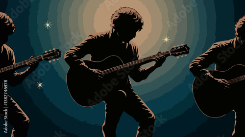 Acoustic Guitarist Silhouette Under Starry Night: A Retro Live Music Illustration for Creative Concert Lovers