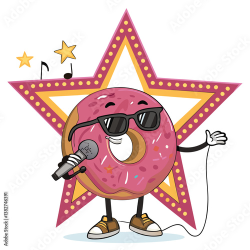 Design a vector illustration of a rockstar donut with bold strokes, incorporating an 'S' symbol.  Emphasis on vibrant colors and a rebellious style.