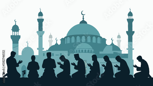 Silhouette of Devout Muslims Praying at Iconic Mosque during Sunset - A Celebration of Islamic Faith and Religious Community Unity