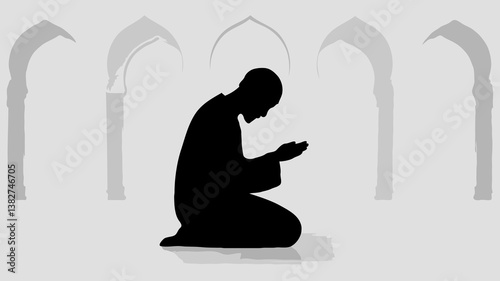 Silhouette of Worship Kneeling in Mosque: Spirituality and Devotion Symbol in Islamic Architecture