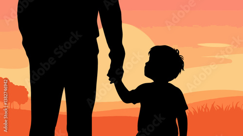 Father and Son Silhouette Holding Hands at Sunset: Family Bonding, Love, and Childhood Memories in Nature's Warm Glow