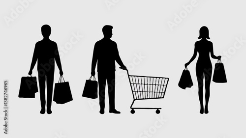 Retail Shoppers Silhouettes: Consumers Shopping Experience with Bags and Carts