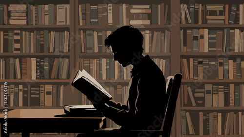 Silhouette of a Student Reading in a Quiet Library: Exploring Modern Knowledge and Literature