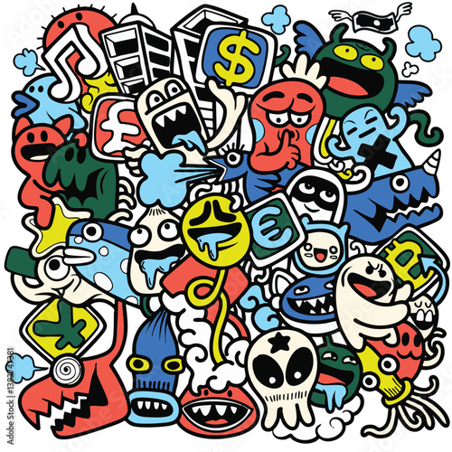 Colorful doodle chaos with economic symbols