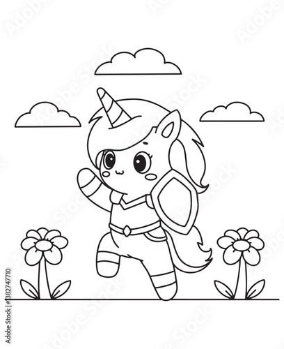 Coloring book unicorn warrior wearing armor and a shield, running between flowers under a cloudy sky