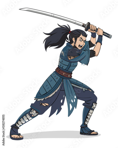 Create a bold vector illustration of a fierce anime samurai woman, emphasizing strong lines and dynamic poses.  Include flowing hair and traditional samurai attire.