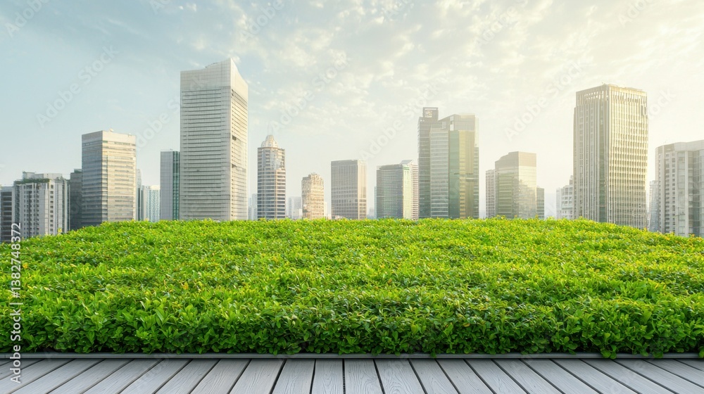 Fototapeta premium Lush Green Rooftop Garden Overlooking Modern Cityscape